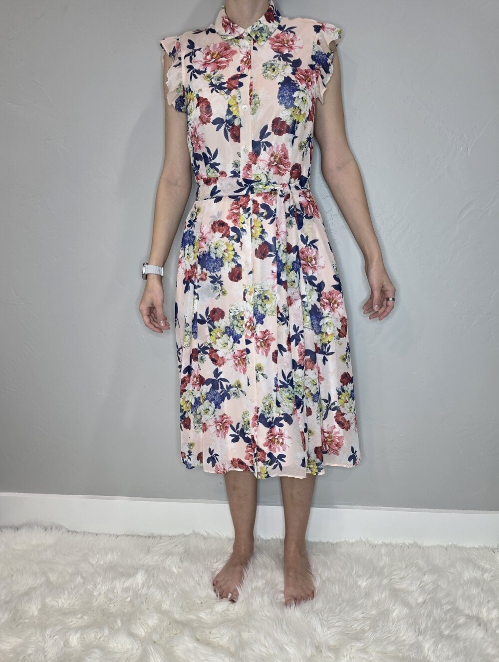 Tahari Asl Floral Button-Front Midi Dress in Light Pink